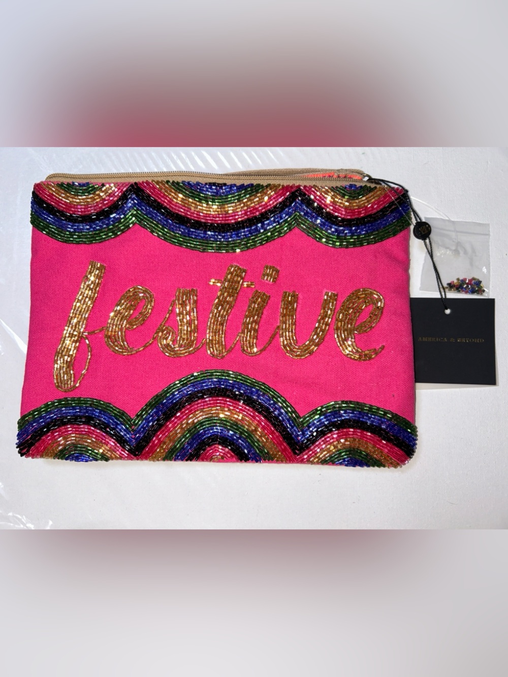 NWT America & Beyond Handmade Beaded Pink 'Jennie' Zip Pouch Clutch